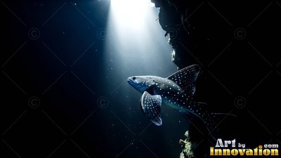 A spotted fish swims upward through the dark water into a beam of white light