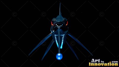Facing forward in the dark sea, a deep-sea fish with red eyes and a blue lure
