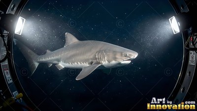 A gray shark swims in dark water lit by two bright submarine lights