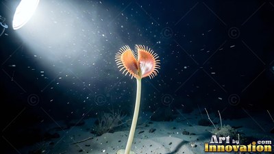 Opening wide in a bright beam of light, an orange sea anemone sits on the seafloor