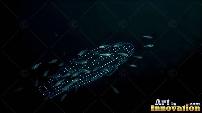 Rows of white dots cover a whale shark swimming with small fish in black water