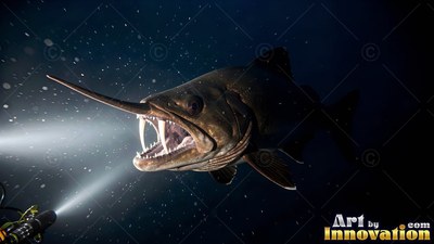 A sharp-toothed fish swims with mouth open, illuminated by a white flashlight beam