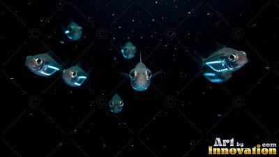 Facing forward in dim water, small silver fish swim with blue lights