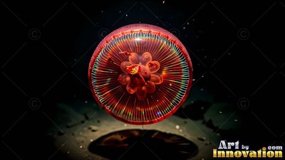 A round red jellyfish floats in shadowy water with rainbow colors on its rim