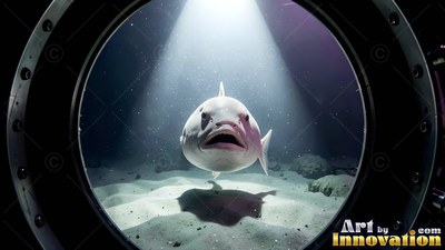 Through a round porthole, a pale fish swims in a beam of light over sandy ocean ground