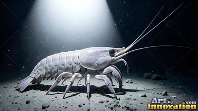 A pale crustacean on the dark sea floor under a beam of light