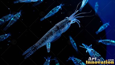 Speckled with blue spots, a small squid swims through dark water among others