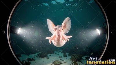 A pale pink dumbo octopus hovers in the sea between two bright white floodlights
