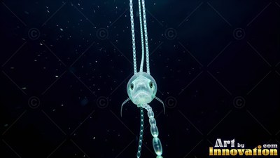 Facing forward in dark ocean water, a pale deep sea fish trails long thin fins