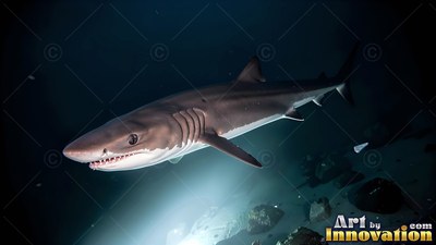 A gray shark swims through dim water right above the rocky ocean floor