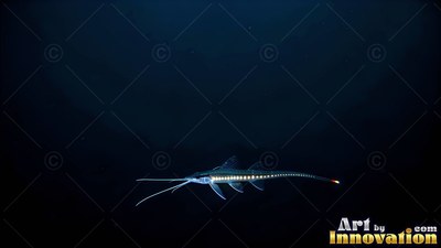 In pitch deep black water, a long thin deep sea fish swims with lit yellow spots