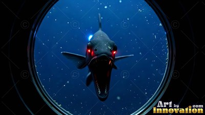 Deep sea fish with red eyes and an open mouth outside a porthole