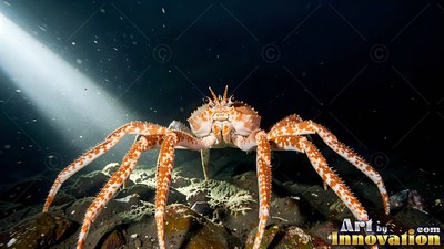 Spotted orange legs carry a large crab across the dark sea floor in a shaft of white light