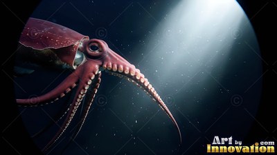 Facing downward, a red giant squid swims in deep water under a beam of light
