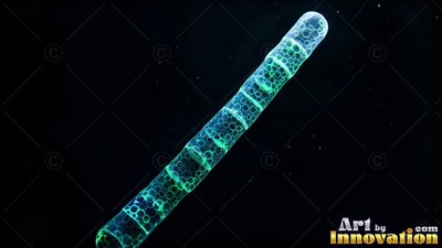 A long tubular sea creature shines in green and blue across black water