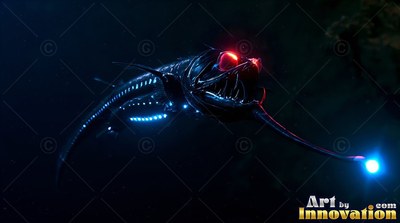 In shadowy water, a black viperfish swims forward with red eyes and a blue light lure