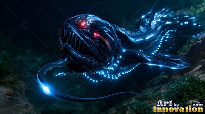 Swimming in the dark, a black anglerfish shines with bright blue dots along its body