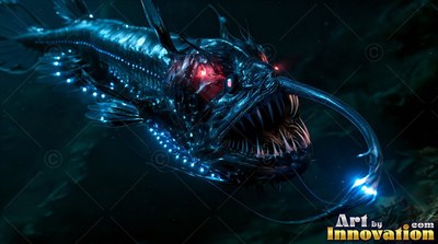Black anglerfish with red eyes and sharp teeth in deep water