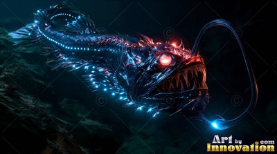 Long pointed teeth bare from a dark anglerfish swimming above the ocean floor with blue lights