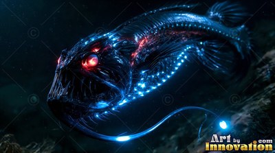 An anglerfish swims through deep black water with red eyes and blue lights along its body
