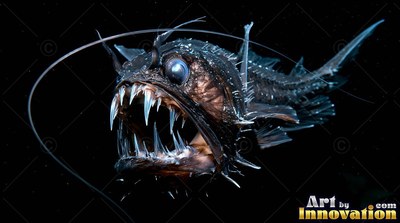 Turned forward in dark water, a black anglerfish bares long, sharp teeth