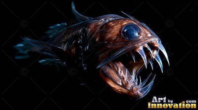 A brown deep-sea fish opens its mouth wide, showing long sharp teeth in pitch deep black water