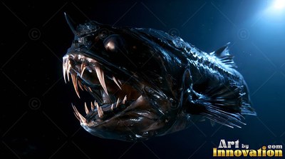 In deep dim water, a black anglerfish bares its long sharp teeth