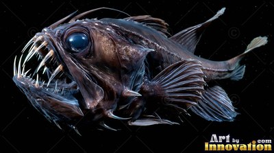 Swimming in dark water, a black fangtooth fish opens its jaw full of long needle teeth