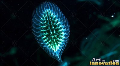 A bright green and blue sea creature in deep water