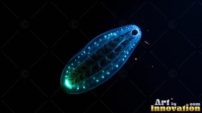 Tilted diagonally in the dark water, a comb jelly shines with blue dots