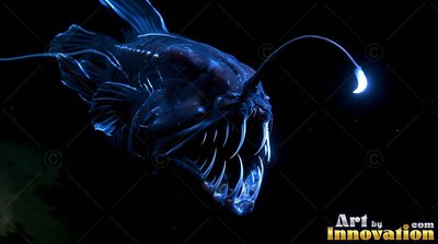 An anglerfish opens its sharp teeth in dark water under a small blue lure light