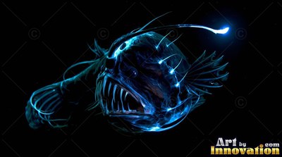 In pitch inky water, a blue anglerfish with sharp teeth shines with small lights