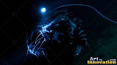 Anglerfish with sharp teeth illuminated by a blue light in shadowy water