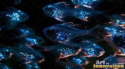 Spotted with bright blue lights, clear fish swim together through deep pitch black water