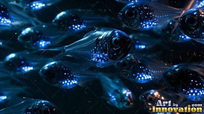 Small translucent fish swim together, their bodies spotted with bright blue points of light