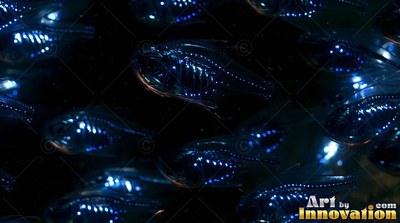 Swimming sideways in dark water, a school of fish shines with blue dots