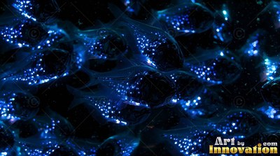 A school of dark fish with bright blue spots swim together in black water
