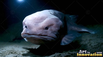 On the dark ocean floor, a pale blobfish swims over sand under harsh white light