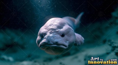 Swimming forward, a pale blobfish faces ahead in murky blue water