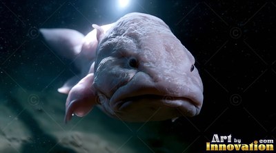 Pale blobfish swimming in dim ocean water