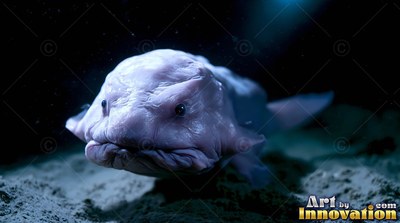 Wrinkled pale skin covers a frowning blobfish resting on the dark ocean floor