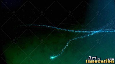 Trailing long bright blue tentacles, a tiny jellyfish drifts in dim ocean water