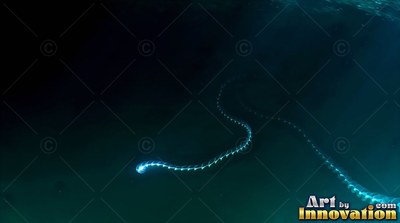 A long thin sea creature curves through the shadowy water with blue lights
