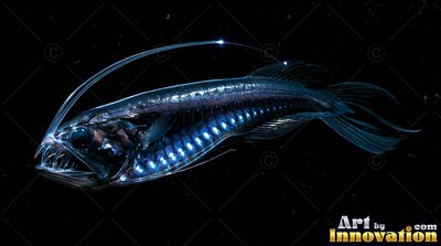 Swimming in shadowy water, a slender viperfish shines with blue lights along its belly