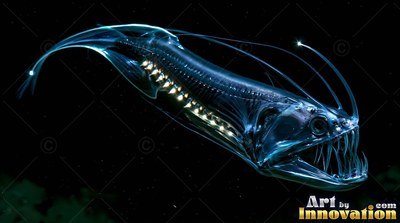 A viperfish swims through deep black water with yellow dots of light along its belly