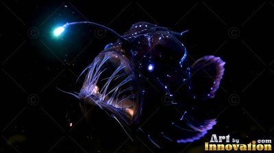 Facing left in dim water, a black anglerfish shines a blue lure over sharp teeth
