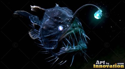 A black anglerfish with needle teeth swims in the dark under a blue lure