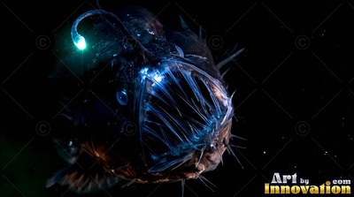 In pitch black water, an anglerfish bares sharp needle teeth under its blue lure