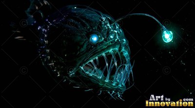 Swimming in inky water, an anglerfish bared sharp teeth under a bright blue lure