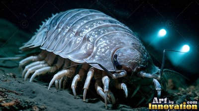 Giant isopod crawling across the sea floor near two bright lights